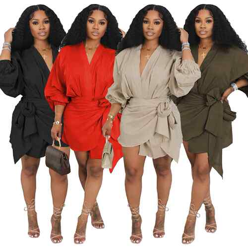 Womens Plain Tie Side Wrap V Neck Dress Chic Elegant Formal