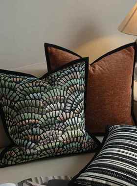 绿色复古抽象山水新中式客厅沙发抱枕条纹雪尼尔纯色包边靠垫