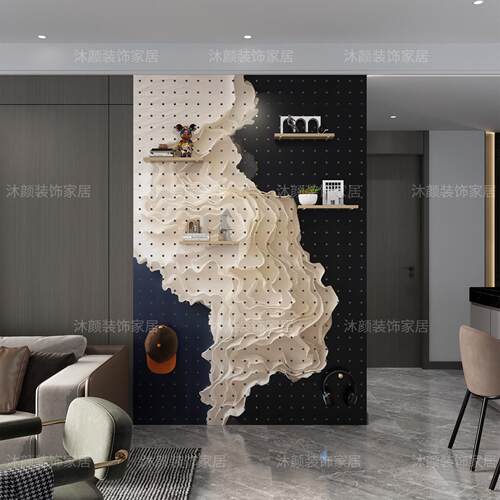 黑白轻奢洞洞板置物架定制玄关入户门实木电箱墙面遮挡装饰收纳层