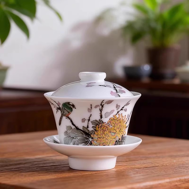 老瓷盖碗 系70年代官窑瓷洪江大球泥釉下彩手绘茶杯古董收藏家用