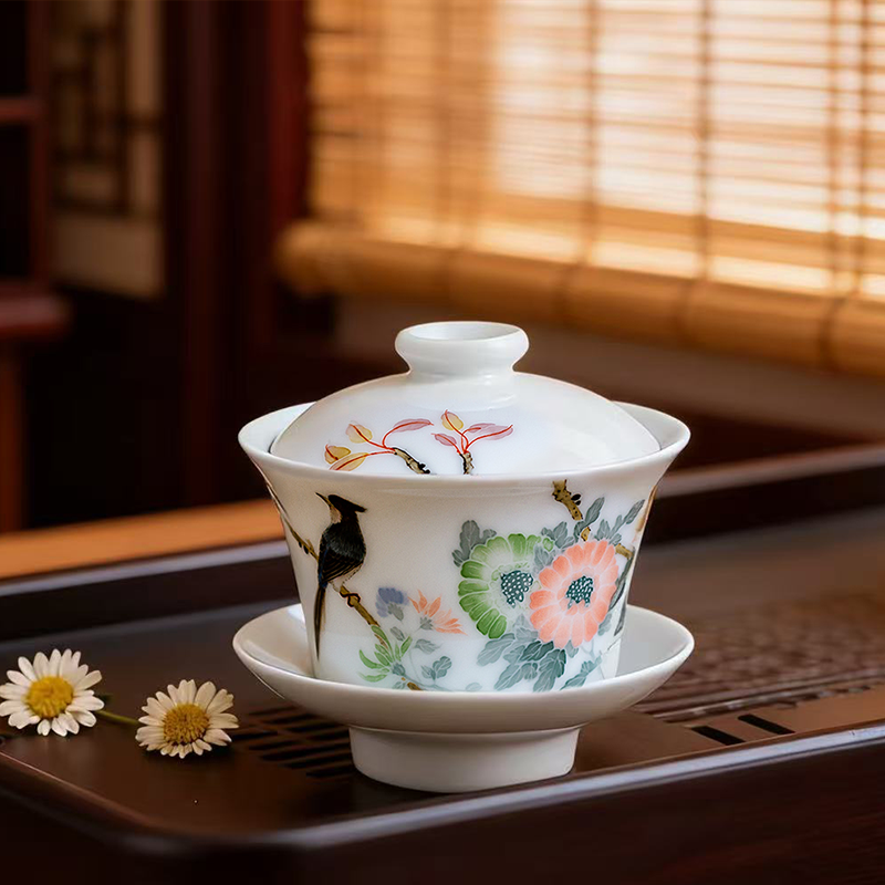 老瓷盖碗 系70年代官窑瓷洪江大球泥手绘茶杯古董收藏家用主人杯