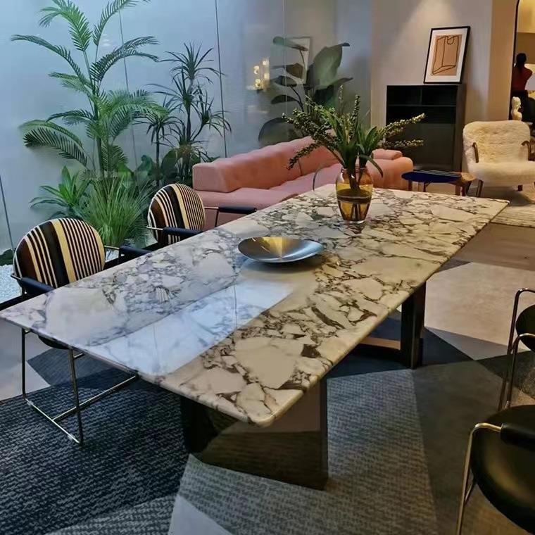 天然大理石餐桌子大象白长方形餐台家用高端现代简约海洋风暴奢石