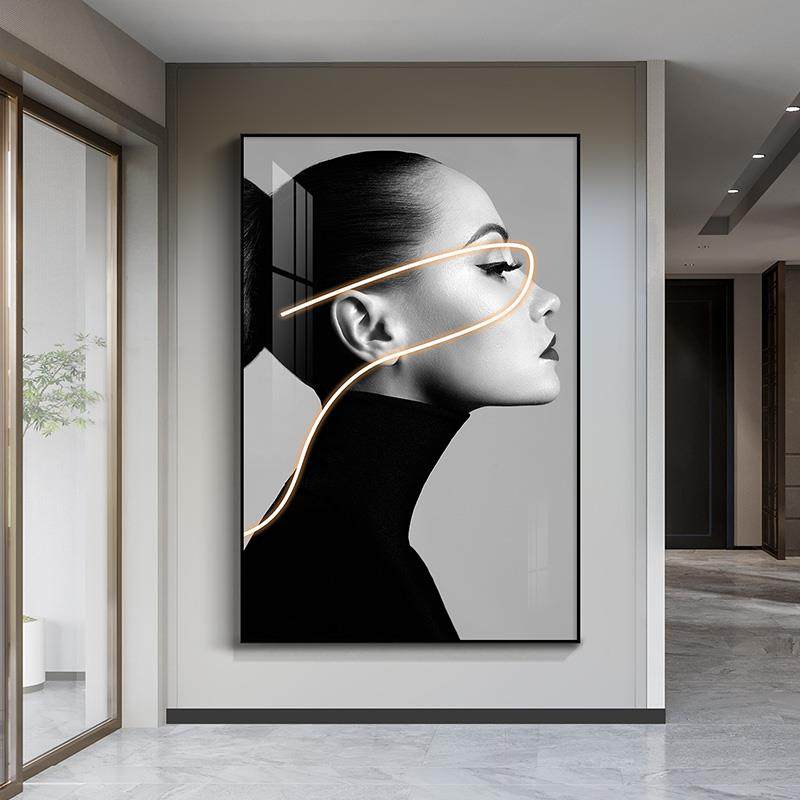 摩登女郎玄关装饰画现代轻奢美容院竖版过道走廊挂画客厅人物墙画