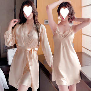两件套睡裙春秋薄款 丝绸睡衣女夏性感冰丝吊带短袖