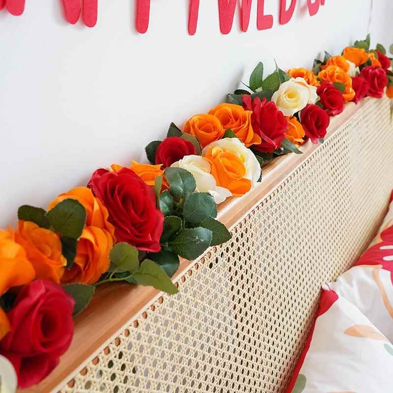 锁美家居婚房装饰藤蔓仿真花藤结婚床头花假花玫瑰藤条婚礼装饰花