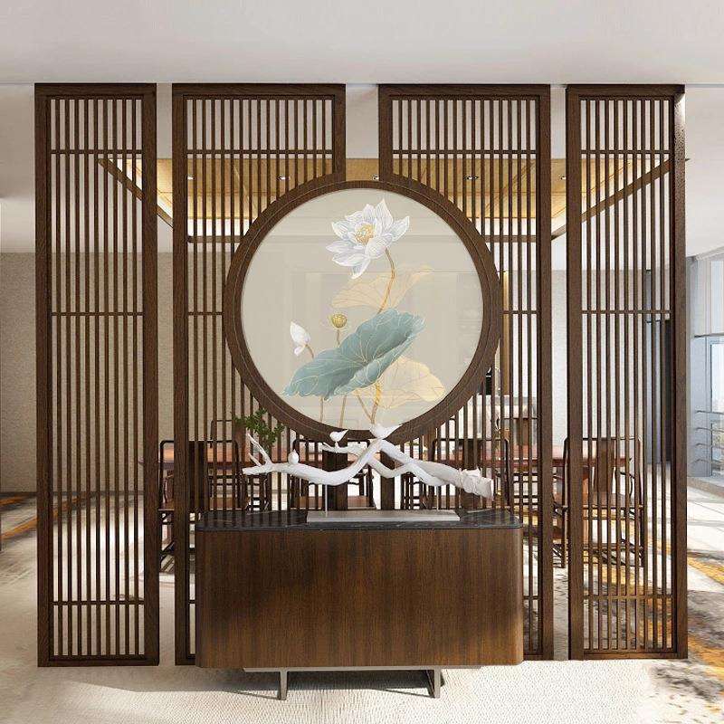 东阳木雕新中式屏风隔断实木花格玄关客厅木质办公室格栅镂空沙画