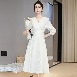 白色连衣裙ZXIANG69女设款计感范新款女气质女神中长秋季长装袖裙