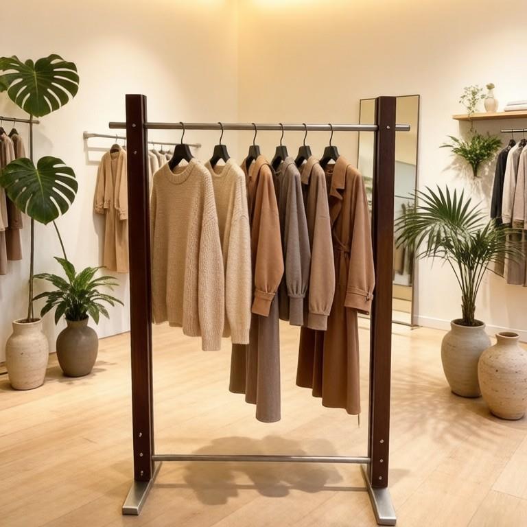 服装店不锈钢展示架落地胡桃木中古风挂衣架女装中岛网红调节货架