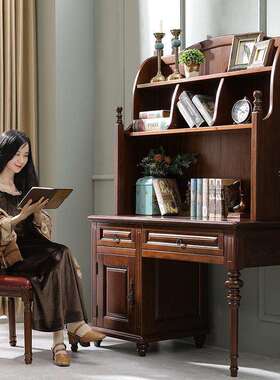 美生VJU式实格木书桌书架组体合书柜一桌带椅子大容量乡村风学电