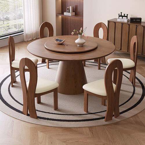 中古风实木餐桌圆形带转盘家用饭桌简约现代小户型高端白蜡木圆桌