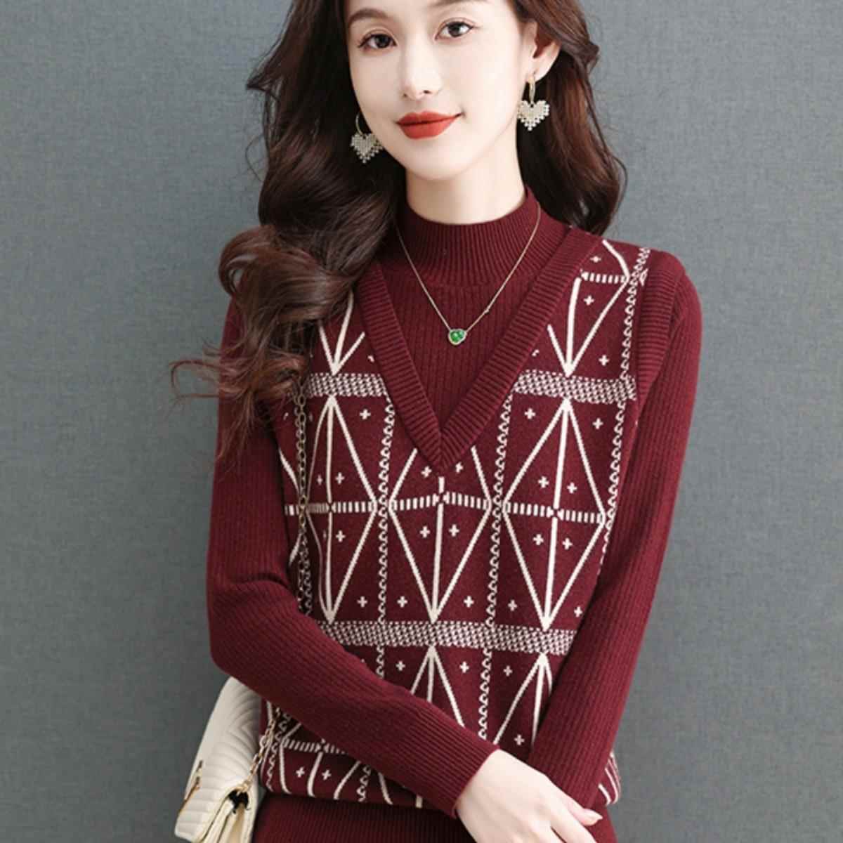 2024秋冬新款时尚假两件半高领针织毛衣女短款宽松显瘦洋气打底衫