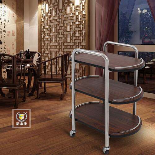 三层火锅配料车手推茶水车木面送餐车带不锈钢护栏服务车厂家直销