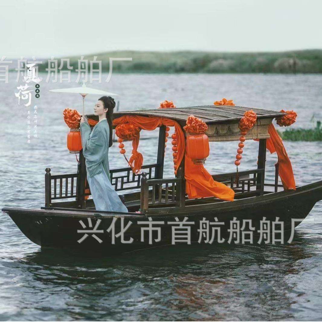 小木船仿古观光游览装饰餐饮道具乌篷船景区划桨摇橹船户外