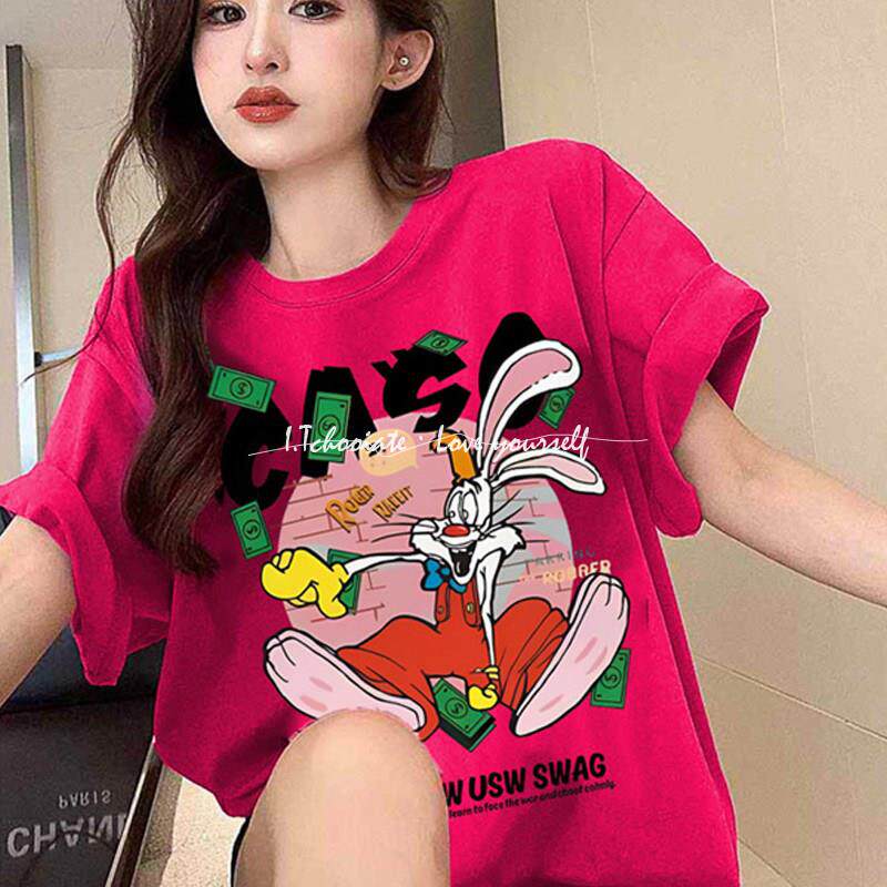 I.Tchooiate兔子印花宽松短袖T恤女2025夏款枚红色设计感小众上衣