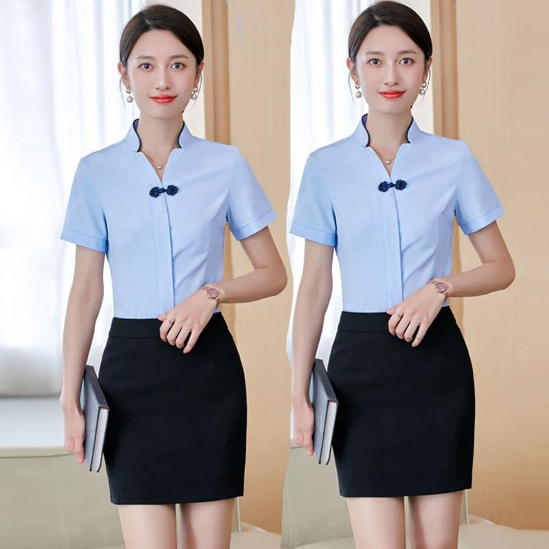 酒店服务员工作服短袖前台气质上班服衬衫女夏季中式饭厅工装套装图片