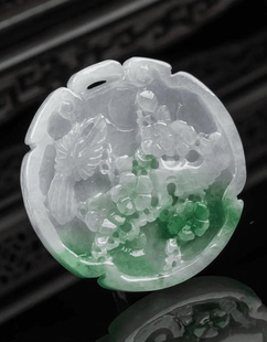 缅甸天然真品翡翠冰春彩飘绿冰润高档气质鸟语花香玉器吊坠34.27g