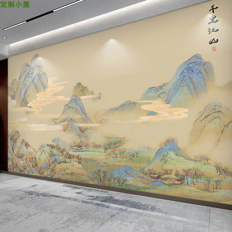 8D中式山水千里江山竹木纤维集成墙板办公室沙发背景电视茶室扣板
