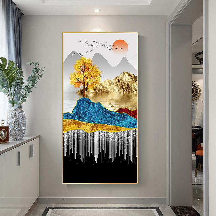 玄关装饰画新中式现代轻奢壁画入户过道竖版餐厅晶瓷门厅镶钻挂画