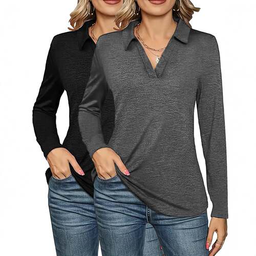 Women's Solid Color Basic Long Sleeve Fitted Polo Shirt