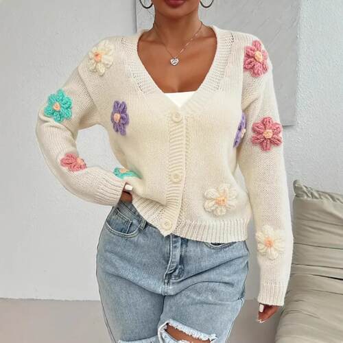 3D flower pattern knitted cardigan, handmade nail flower