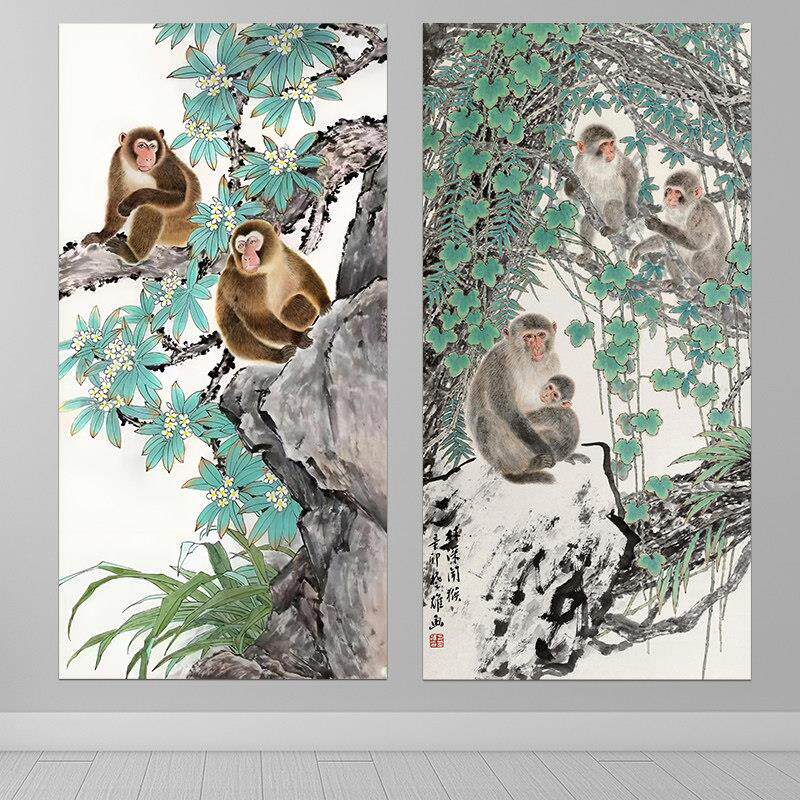 动物猴子画新中式客厅玄关竖版挂画走廊过道壁画生肖猴装饰画贴画