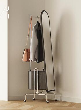 7K中古落地全身穿衣镜衣帽架挂衣架可移动卧室复古黑色不锈钢全实