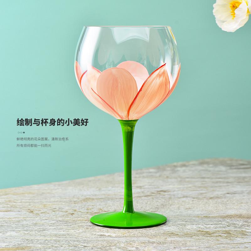 法兰晶手工手绘花朵玻璃高脚杯红酒杯小清新彩绘杯葡萄酒杯家用