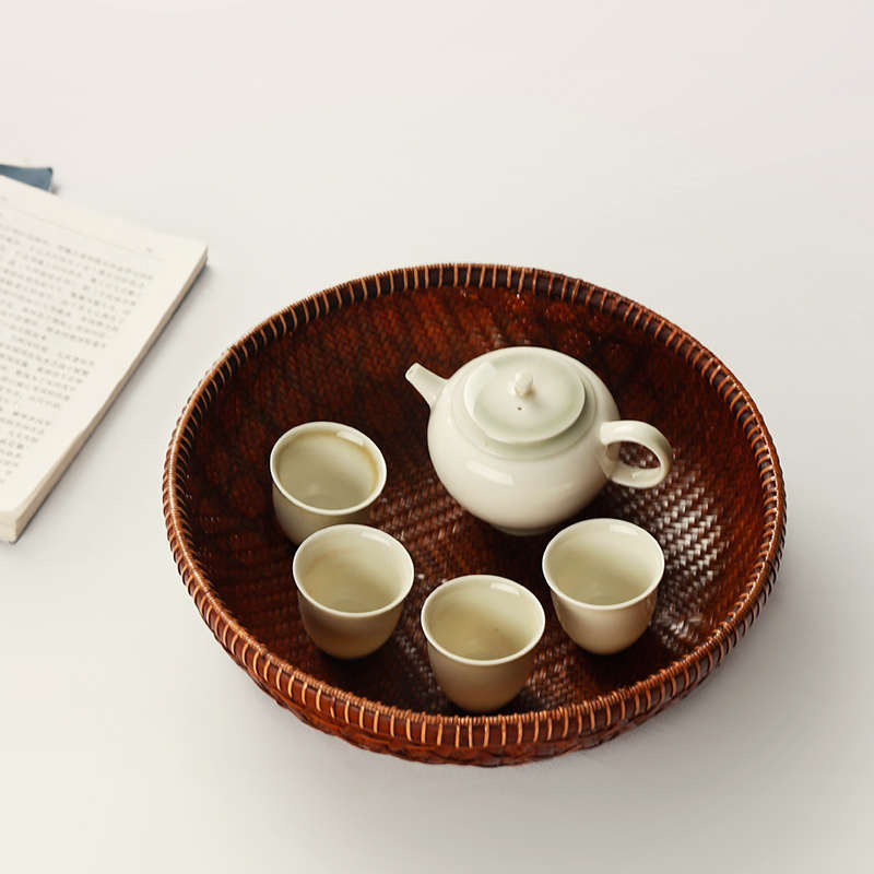 高档手工竹编收纳篮家用农家菜篮子竹制圆托盘茶点盘水果盆馒头筐