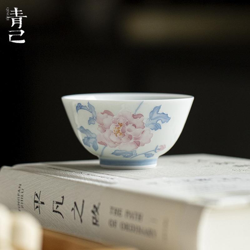 青己玉泥白瓷手绘主人杯十二花神系列芙蓉家用茶杯陶瓷品茗杯单杯