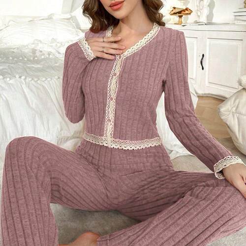 Autumn Winter Women Sleeve PJS Loungewear Elastic Waistband