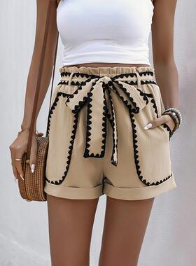 Splicing waistband and lace up shorts for women