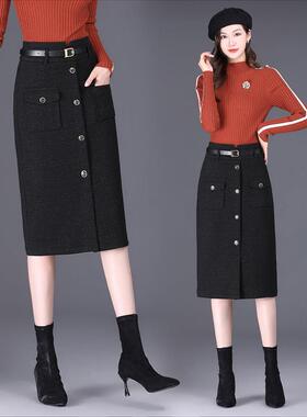 秋长冬季新款羊毛呢厚款半身裙排时尚装高腰22863包臀裙中女款扣