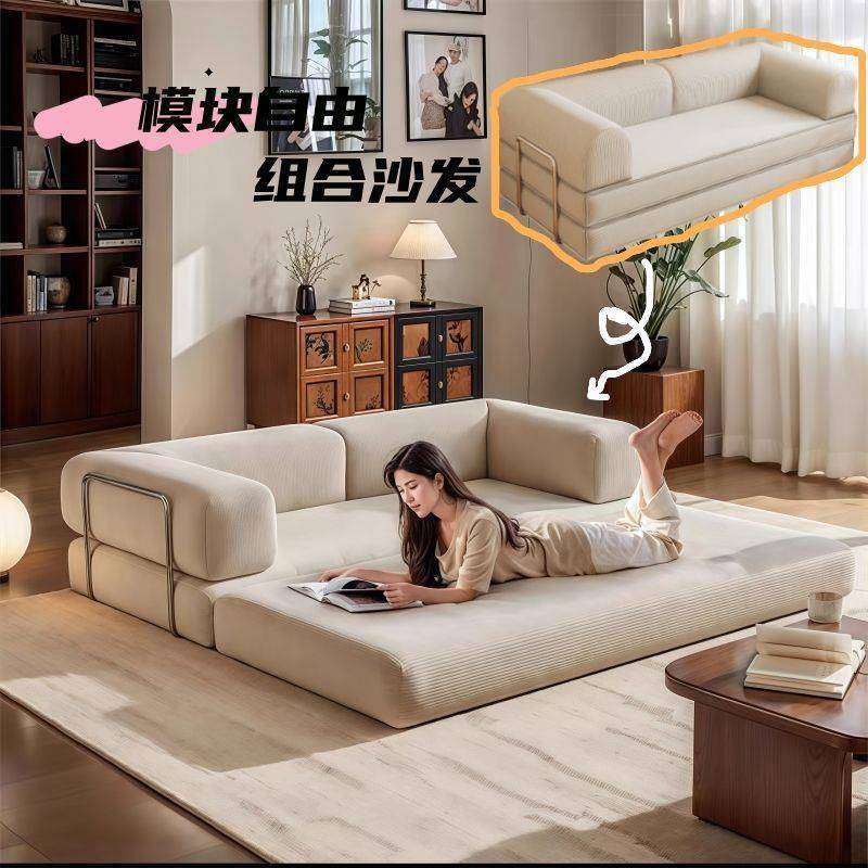 复古布艺压折缩沙发小户客厅型中古风叠用单双人模LJC两块布丁沙