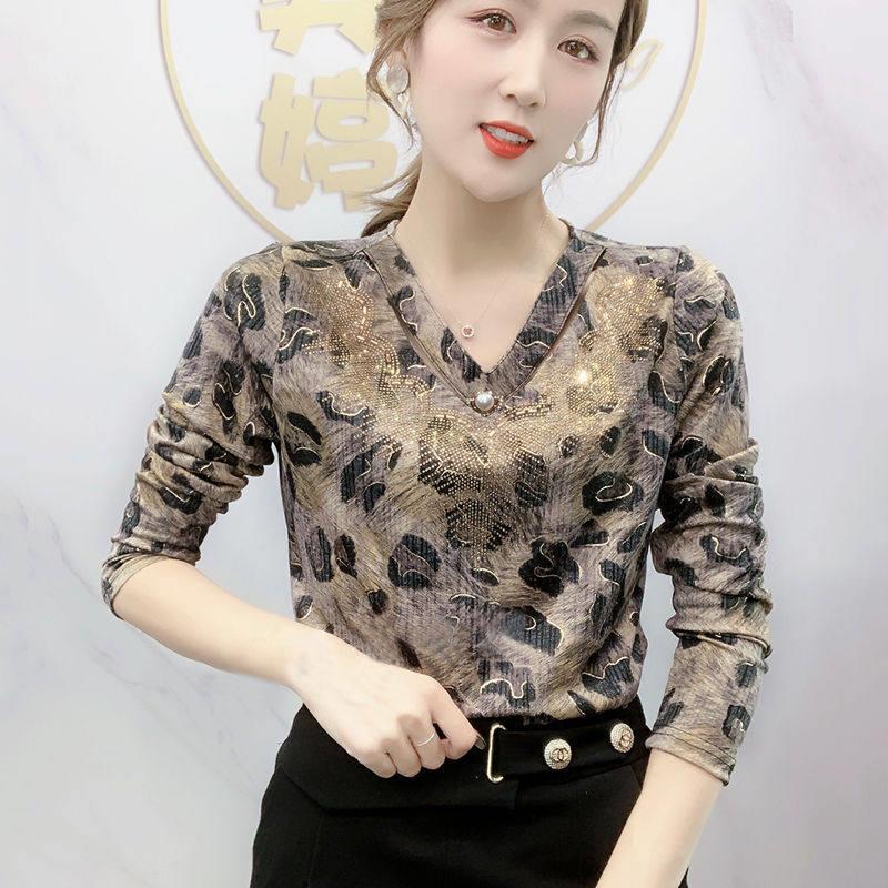 长袖T恤女春秋薄款2025年新款修身洋气大码豹纹妈妈装打底衫上衣