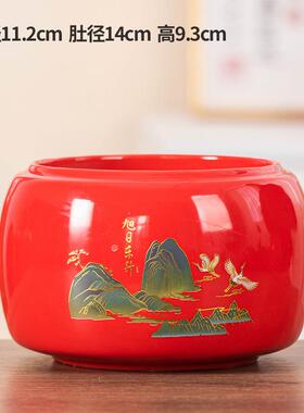 南天竹发财树中国红色陶瓷花瓶