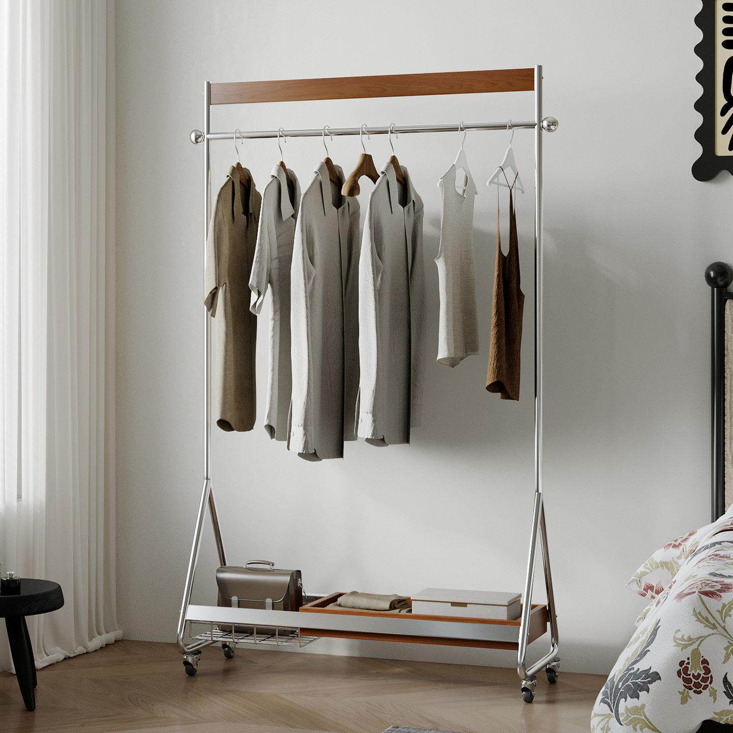 落地式挂衣架可移动收纳卧室家用实木法式简约现代次净中古衣帽架