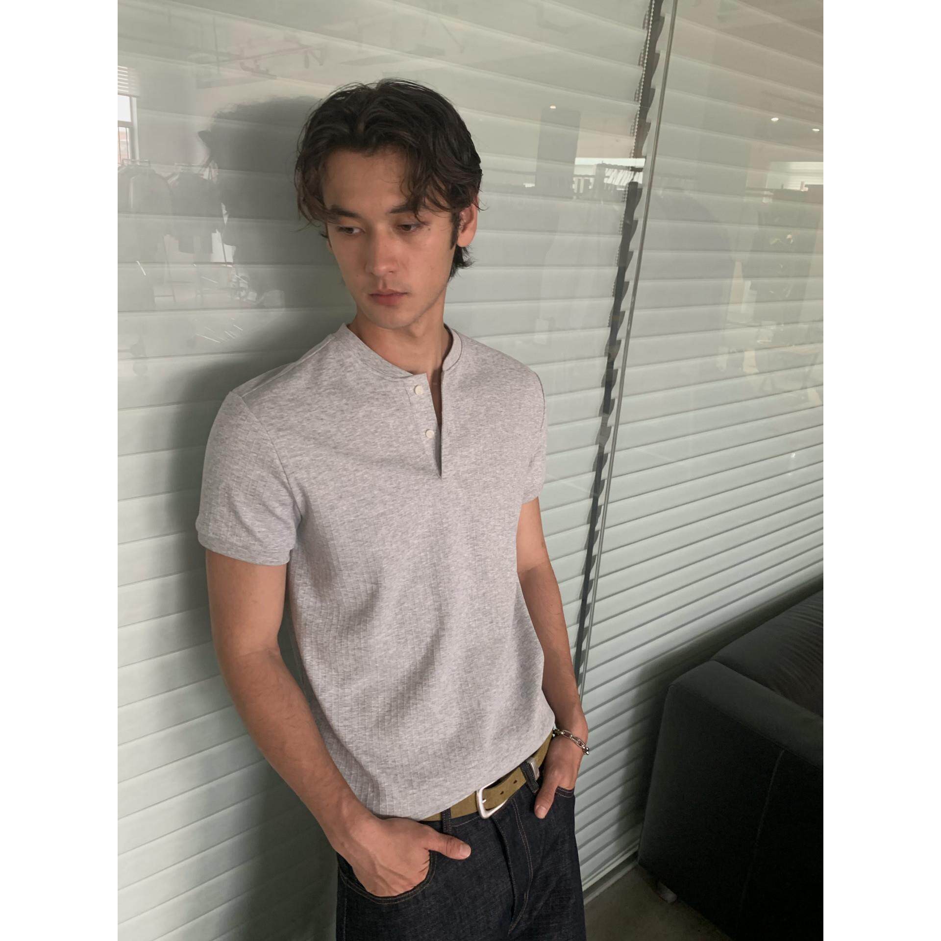 INKNOTS复古亨利领条纹正肩短袖T恤男女老钱V领半袖高智感POLO衫