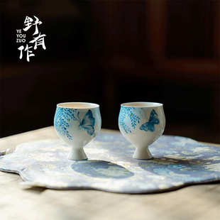 野有作冰草木灰釉上手绘高足品茗杯功夫茶具个人杯主人杯闻香杯