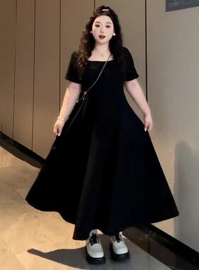 大尺码法式赫本风方领气质洋装女春夏胖mm收腰梨形身材显瘦小黑裙
