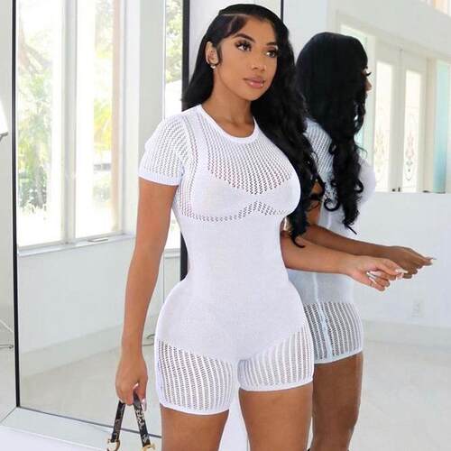 Womens Solid Sheer Round Neck Romper Summer Clothes Women