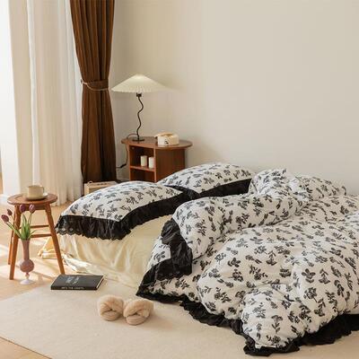 正品法式覆赫古本风上四件套珊瑚绒碎花蕾丝床被套冬奶季牛绒加厚