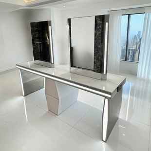 高端理发店镜子发廊专用美发烫染桌子时尚剪发镜台双面四面不锈钢