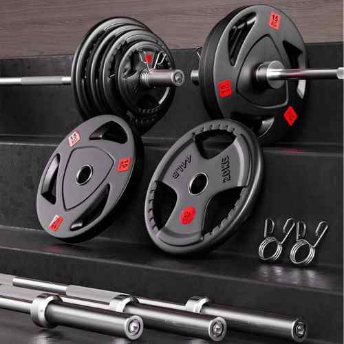 包胶杠铃片大孔铸铁手抓曲奥杆20kg杠铃杆举重100kg杠铃组合套装