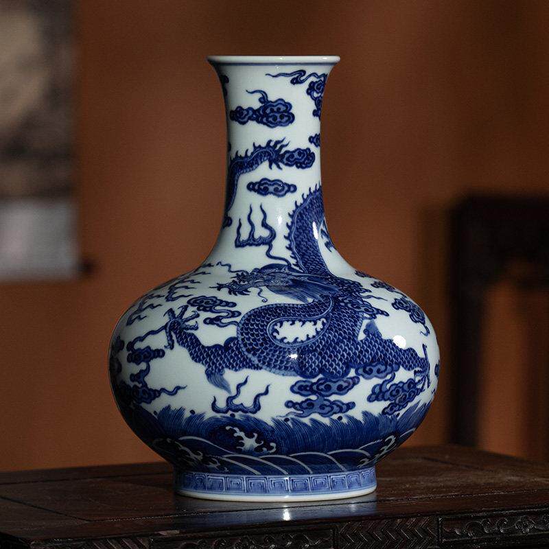 宁封窑手绘彷古花瓶景德镇陶瓷客厅插花家居摆件青花苍龙教子赏瓶