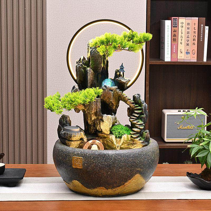 桌面高山循环流水摆件办公室客厅风水轮中式水景装饰开 业乔迁礼