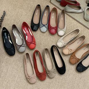 女款百搭浅口平底单鞋蝴蝶结方头女瓢鞋平跟软底芭蕾婚鞋舒适开车