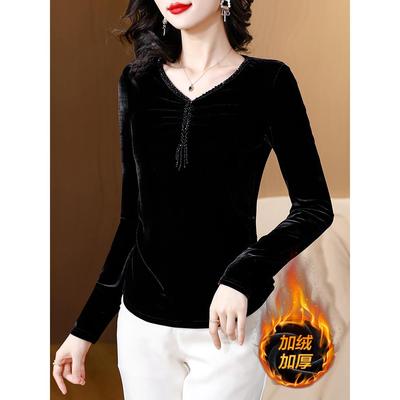 金丝绒加绒加厚v领打底衫女士内搭可外穿高级感爆款洋气黑色上衣