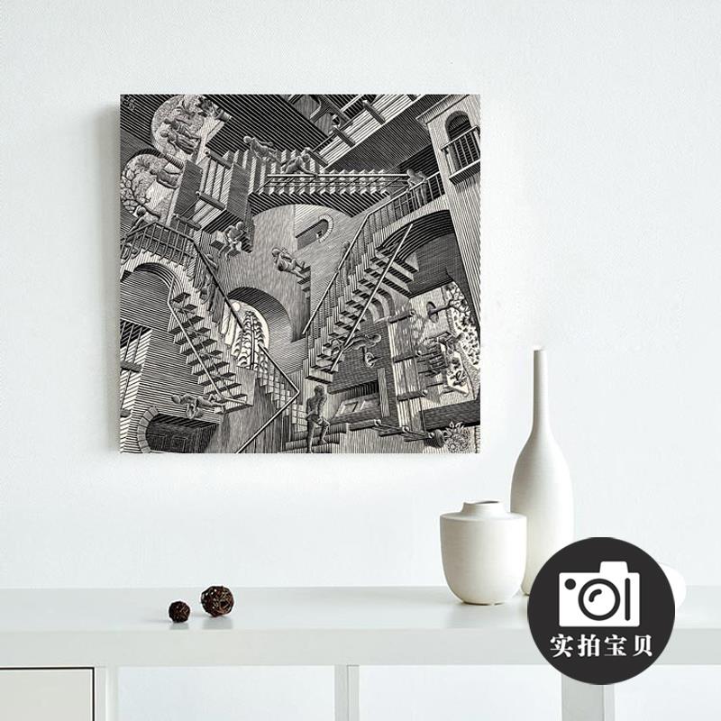 Maurits Cornelis Escher 埃舍尔 荷兰 相对性视错觉黑白无框挂画