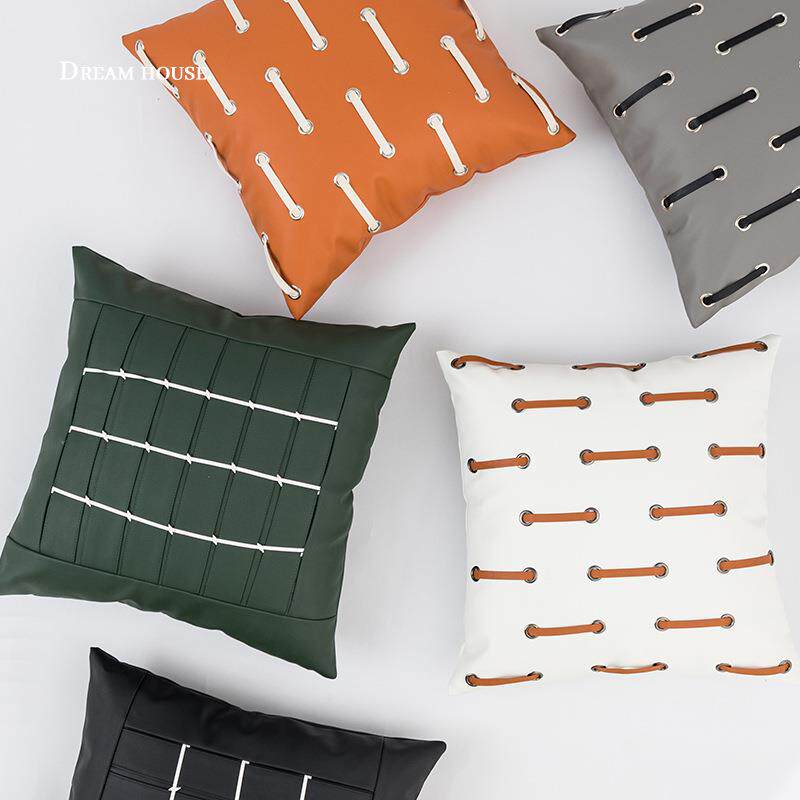 北欧简约美式PU皮革手工编绳靠垫靠枕跨境家居客厅沙发抱枕套