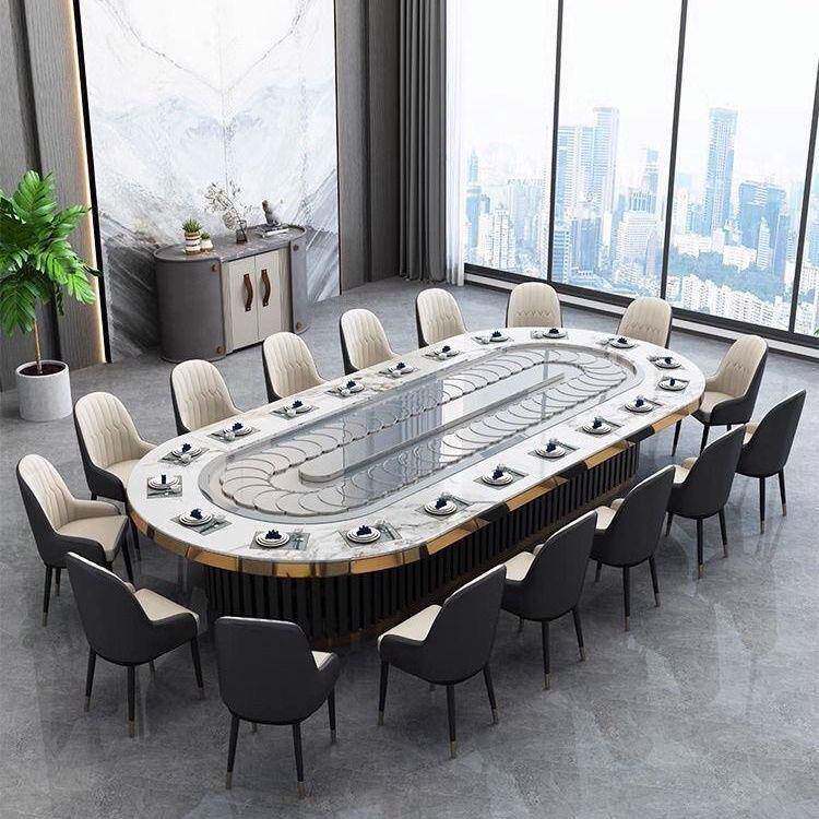 酒店椭圆形岩板电动餐桌传送带自动旋转长方形电磁炉火锅宴会桌